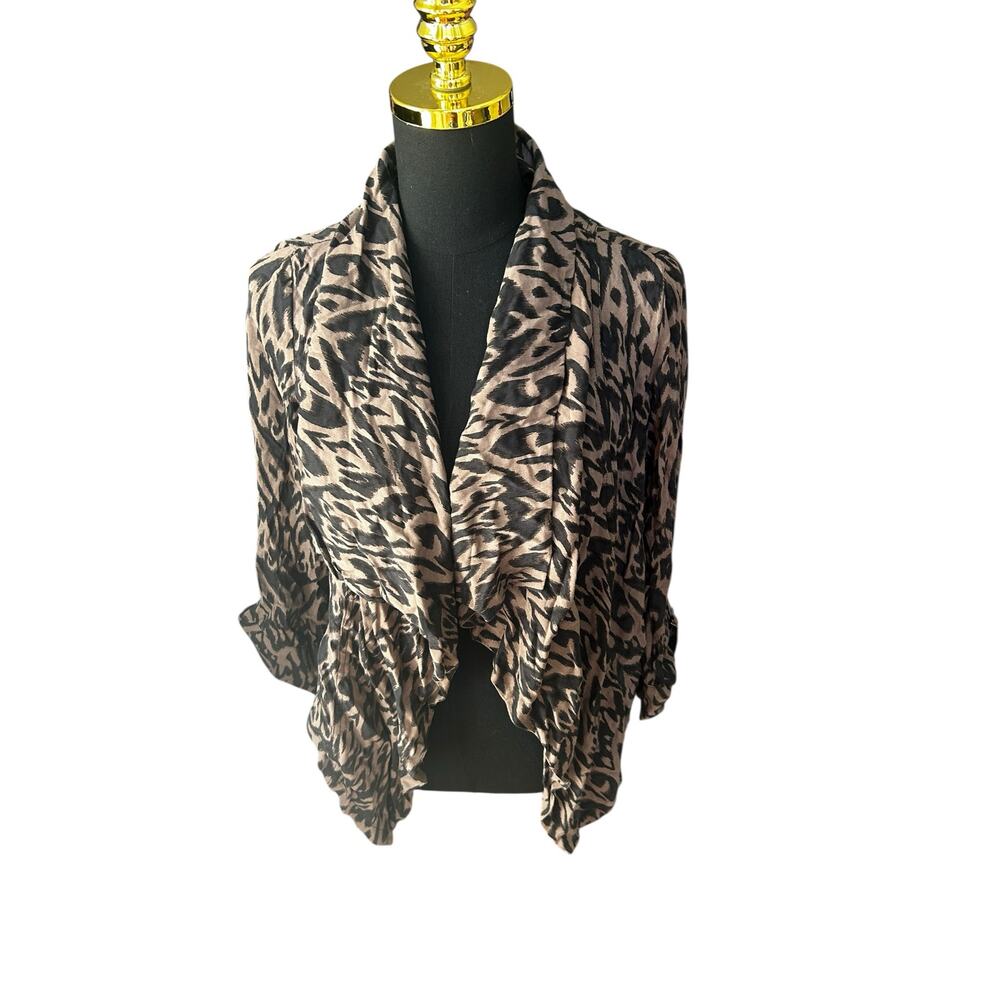 Love Culture Brown & Black Animal Print Ruffle Open Front Top, Size Medium -Y2K
